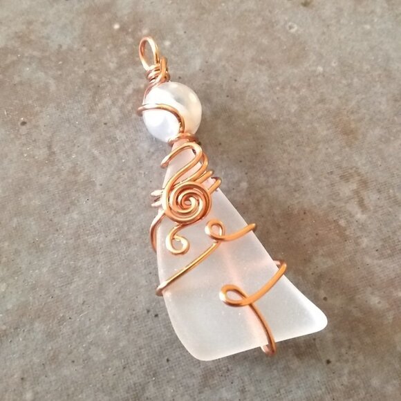 Wire Wrapped Tumbled Glass & Fire Agate Pendant! Unique One-of-a-kind - Picture 2 of 8